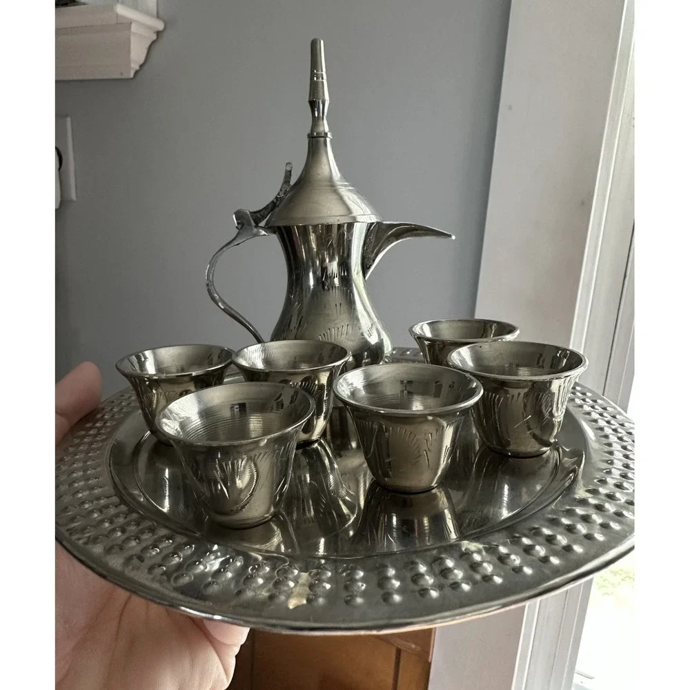 Miniature Arabic Dallah Coffee Teapot & Cup‎ Set Stainless Steel 8 Pieces